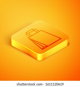 Isometric line Paper shopping bag icon isolated on orange background. Package sign. Orange square button. Vector Illustration