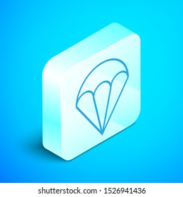 Isometric line Parachute icon isolated on blue background. Extreme sport. Sport equipment. Silver square button. Vector Illustration
