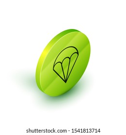 Isometric line Parachute icon isolated on white background. Extreme sport. Sport equipment. Green circle button. Vector Illustration