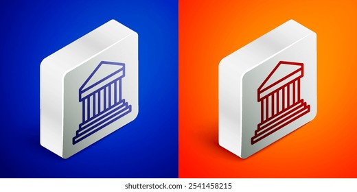 Isometric line Parthenon from Athens, Acropolis, Greece icon isolated on blue and orange background. Greek ancient national landmark. Silver square button. Vector