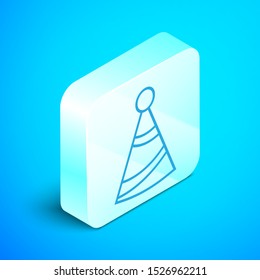 Isometric line Party hat icon isolated on blue background. Birthday hat. Silver square button. Vector Illustration