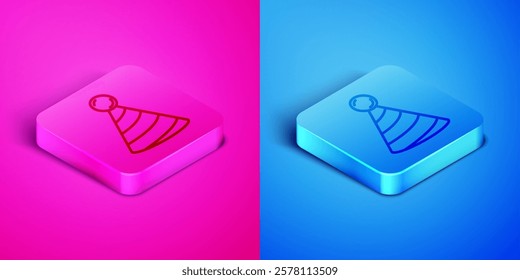 Isometric line Party hat icon isolated on pink and blue background. Birthday hat. Square button. Vector