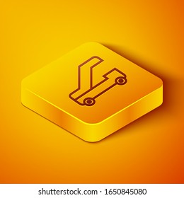 Isometric line Passenger ladder for plane boarding icon isolated on orange background. Airport stair travel. Yellow square button. Vector Illustration