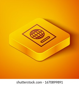 Isometric line Passport with biometric data icon isolated on orange background. Identification Document. Yellow square button. Vector Illustration