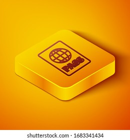 Isometric line Passport with biometric data icon isolated on orange background. Identification Document. Yellow square button. Vector Illustration