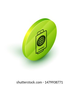 Isometric line Passport with ticket icon isolated on white background. Identification Document. Concept travel and tourism. Green circle button. Vector Illustration