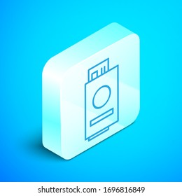 Isometric line Passport with ticket icon isolated on blue background. Identification Document. Concept travel and tourism. Silver square button. Vector Illustration