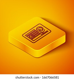 Línea isométrica Pasaporte con icono de sello de visado aislado en fondo anaranjado. Documento de identificación. Botón cuadrado amarillo. Ilustración vectorial