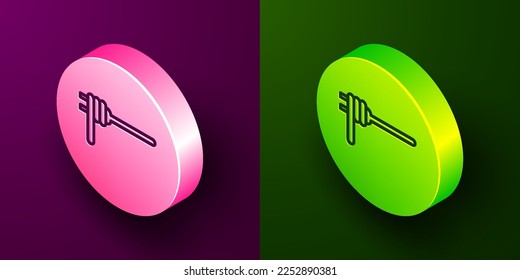 Isometrische Linie Pasta Spaghetti auf dem Gabelsymbol einzeln auf violettem und grünem Hintergrund. Italienisches Restaurant. Circle Button. Vektorgrafik