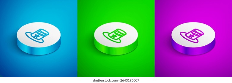 Isometric line Patriotic American top hat icon isolated on blue, green and purple background. Uncle Sam hat. American hat independence day. White circle button. Vector