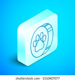 Isometric line Paw print icon isolated on blue background. Dog or cat paw print. Animal track. Silver square button. Vector Illustration