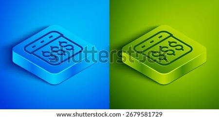 Isometric line Payday, calendar with dollar icon isolated on blue and green background. Square button. Vector