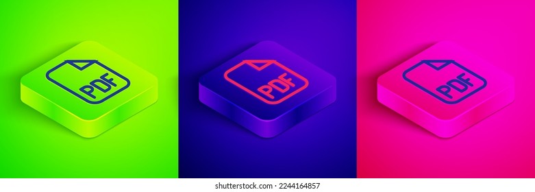 Isometric line PDF file document. Download pdf button icon isolated on green, blue and pink background. PDF file symbol. Square button. Vector