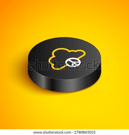 Isometric line Peace cloud icon isolated on yellow background. Hippie symbol of peace. Black circle button. Vector