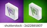 Isometric line Peace icon isolated on purple and green background. Hippie symbol of peace. Silver square button. Vector