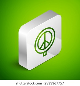 Isometric line Peace icon isolated on green background. Hippie symbol of peace. Silver square button. Vector