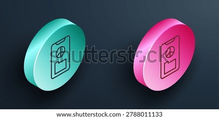 Isometric line Peace icon isolated on black background. Hippie symbol of peace. Turquoise and pink circle button. Vector