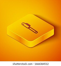 Isometric line Pen icon isolated on orange background. Yellow square button. Vector Illustration