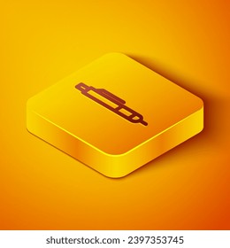 Isometric line Pen icon isolated on orange background. Yellow square button. Vector Illustration