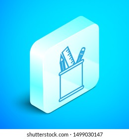 Isometric line Pencil case stationery icon isolated on blue background. Pencil, pen, ruler in a glass for office. Silver square button. Vector Illustration