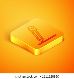 Isometric line Pencil with eraser and line icon isolated on orange background. Education sign. Drawing and educational tools. Orange square button. Vector Illustration