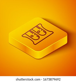 Isometric line Pencil sharpener icon isolated on orange background. Yellow square button. Vector Illustration