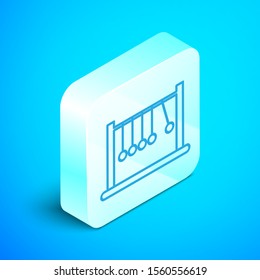 Isometric line Pendulum icon isolated on blue background. Newtons cradle. Silver square button. Vector Illustration
