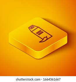 Isometric line Pepper spray icon isolated on orange background. OC gas. Capsicum self defense aerosol. Yellow square button. Vector Illustration