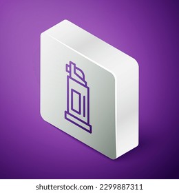 Icono de la línea isométrica del spray Pepper aislado en el fondo morado. Gas OC. aerosoles de autodefensa de Capsicum. Botón cuadrado plateado. Vector