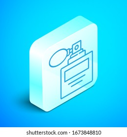 Isometric line Perfume icon isolated on blue background. 8 March. International Happy Women Day. Silver square button. Vector Illustration