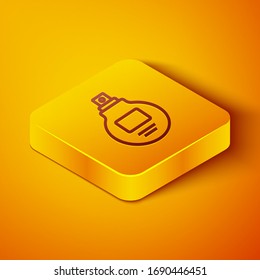 Línea isométrica Icono Perfume aislado en fondo naranja. Botón cuadrado amarillo. Ilustración vectorial