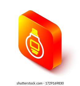 Isometric line Perfume icon isolated on white background. Orange square button. Vector Illustration
