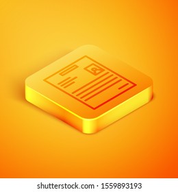Isometric line Personal document icon isolated on orange background. File icon. Checklist icon. Business concept. Orange square button. Vector Illustration