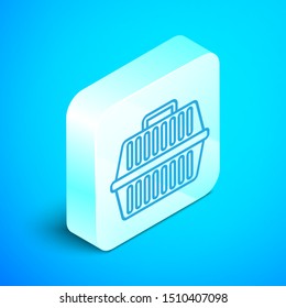 Isometric line Pet carry case icon isolated on blue background. Carrier for animals, dog and cat. Container for animals. Animal transport box. Silver square button. Vector Illustration
