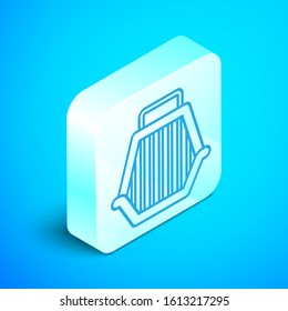 Isometric line Pet carry case icon isolated on blue background. Carrier for animals, dog and cat. Container for animals. Animal transport box. Silver square button. Vector Illustration