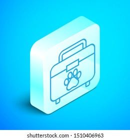 Isometric line Pet first aid kit icon isolated on blue background. Dog or cat paw print. Clinic box. Silver square button. Vector Illustration