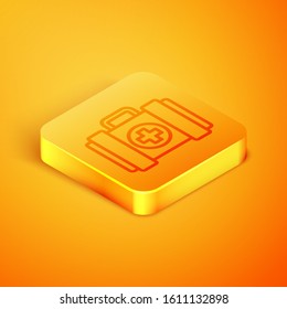 Isometric line Pet first aid kit icon isolated on orange background. Dog or cat paw print. Clinic box. Orange square button. Vector Illustration