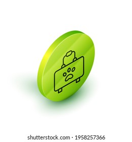 Isometric line Pet first aid kit icon isolated on white background. Dog or cat paw print. Clinic box. Green circle button. Vector