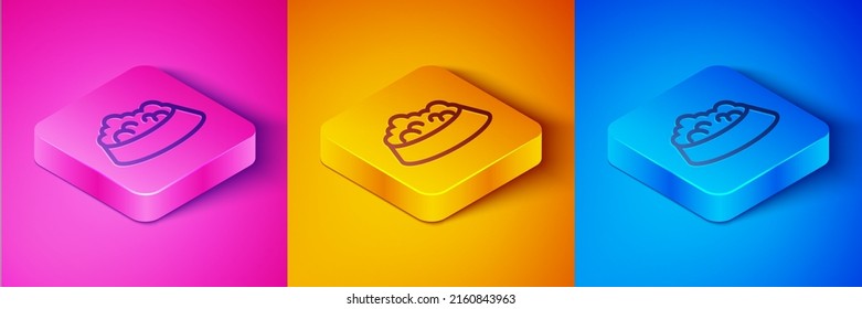 Isometric line Pet food bowl for cat or dog icon isolated on pink and orange, blue background. Dog or cat paw print. Square button. Vector