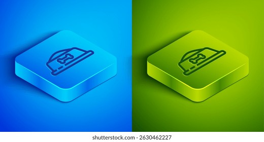 Isometric line Pet food bowl for cat or dog icon isolated on blue and green background. Dog bone sign. Square button. Vector