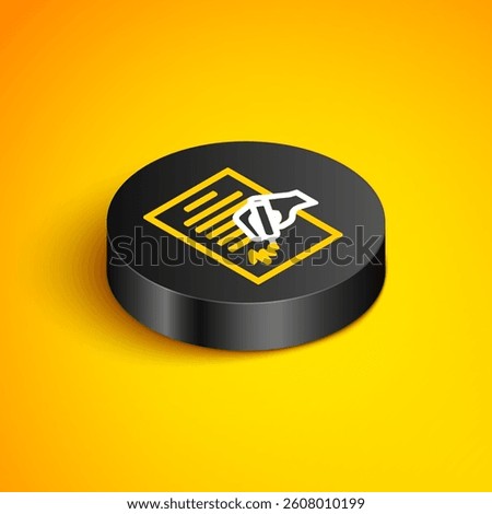 Isometric line Petition icon isolated on yellow background. Black circle button. Vector