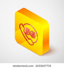 Isometric line Phone with 5G new wireless internet wifi icon isolated on grey background. Global network high speed connection data rate technology. Yellow square button. Vector