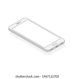Teléfono de línea isométrico con sombra. 3d teléfono móvil con pantalla vacía. Concepto de esquema de tecnología digital. Vector aislado en blanco