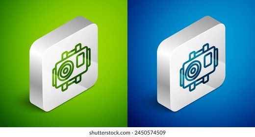 Isometric line Photo camera for diver icon isolated on green and blue background. Foto camera icon. Diving underwater equipment. Silver square button. Vector