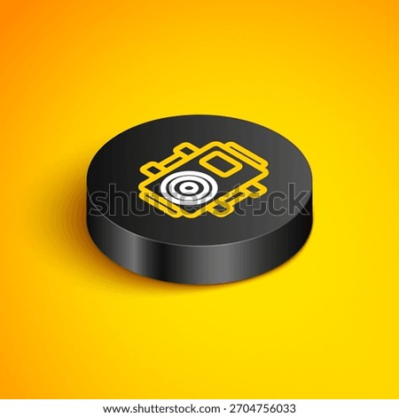 Isometric line Photo camera for diver icon isolated on yellow background. Foto camera icon. Diving underwater equipment. Black circle button. Vector