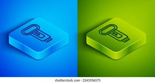 Isometrische Linie Fotokamera Blitzsymbol einzeln auf blauem und grünem Hintergrund. Knopf Quadrat. Vektorgrafik
