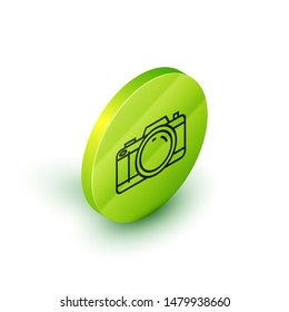 Isometric line Photo camera icon isolated on white background. Foto camera icon. Green circle button. Vector Illustration