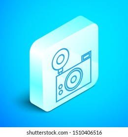 Isometric line Photo camera icon isolated on blue background. Foto camera icon. Silver square button. Vector Illustration