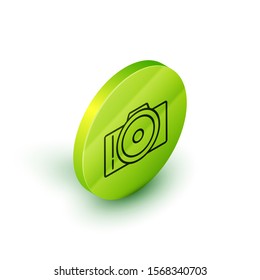 Isometric line Photo camera icon isolated on white background. Foto camera icon. Green circle button. Vector Illustration