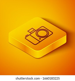 Isometric line Photo camera icon isolated on orange background. Foto camera icon. Yellow square button. Vector Illustration